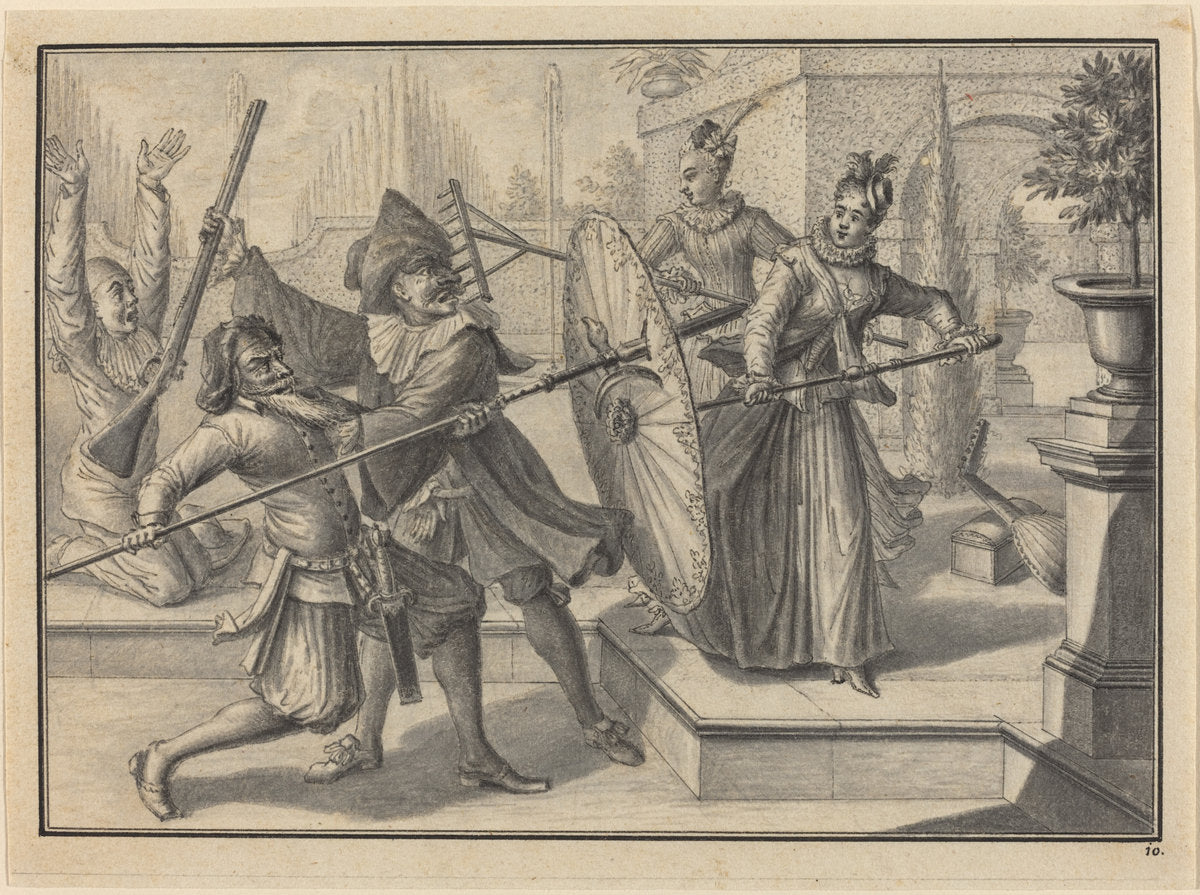 Pantaloon and the Doctor Fighting with Columbine and Brigatella in the Garden by Johann Jacob Schübler (German, 1689 - 1741), 16X12"(A3)Poster Print