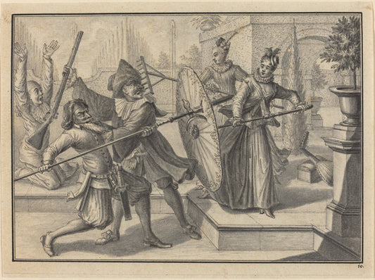 Pantaloon and the Doctor Fighting with Columbine and Brigatella in the Garden by Johann Jacob Schübler (German, 1689 - 1741), 16X12"(A3)Poster Print