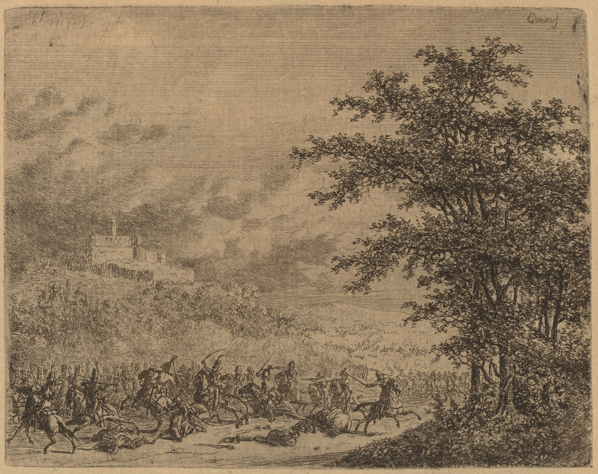 The Affair near Konigstein  (L'Affaire pres de Koenigstein) [recto] by Gerhardus Emaus de Micault (Dutch, 1789 - 1863), 16X12"(A3)Poster Print