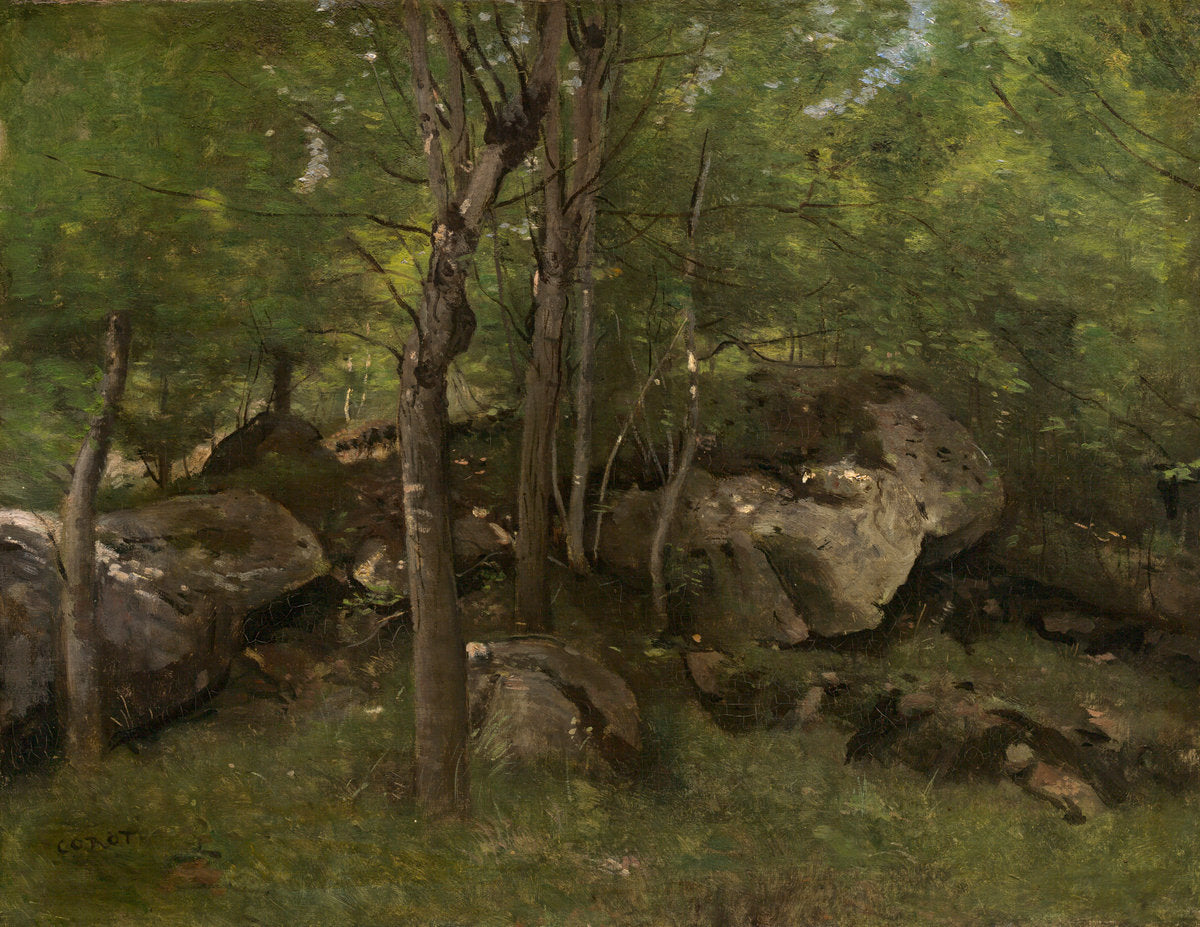 Rocks in the Forest of Fontainebleau by Jean-Baptiste-Camille Corot (French, 1796 - 1875), 16X12"(A3)Poster Print