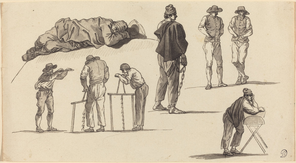 Figure Studies, Including One Man Sleeping on the Ground and Two Men Sawing by Claude-Joseph Vernet (French, 1714 - 1789), 16X12"(A3)Poster Print