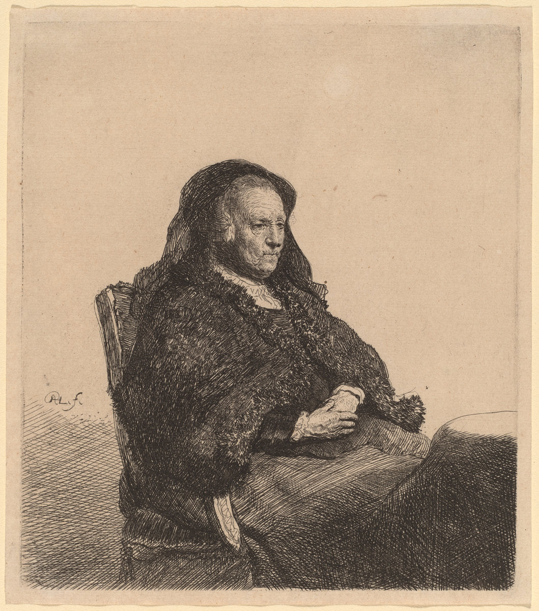 The Artist's Mother Seated at a Table, Looking Right by Rembrandt van Rijn (Dutch, 1606 - 1669), 16X12"(A3)Poster Print