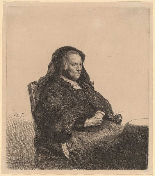 The Artist's Mother Seated at a Table, Looking Right by Rembrandt van Rijn (Dutch, 1606 - 1669), 16X12"(A3)Poster Print