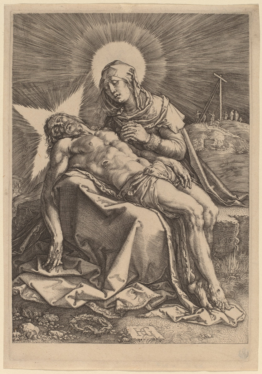 Pietà (The Sorrowing Virgin with the Dead Christ in Her Lap) by Hendrik Goltzius (Dutch, 1558 - 1617), 16X12"(A3)Poster Print