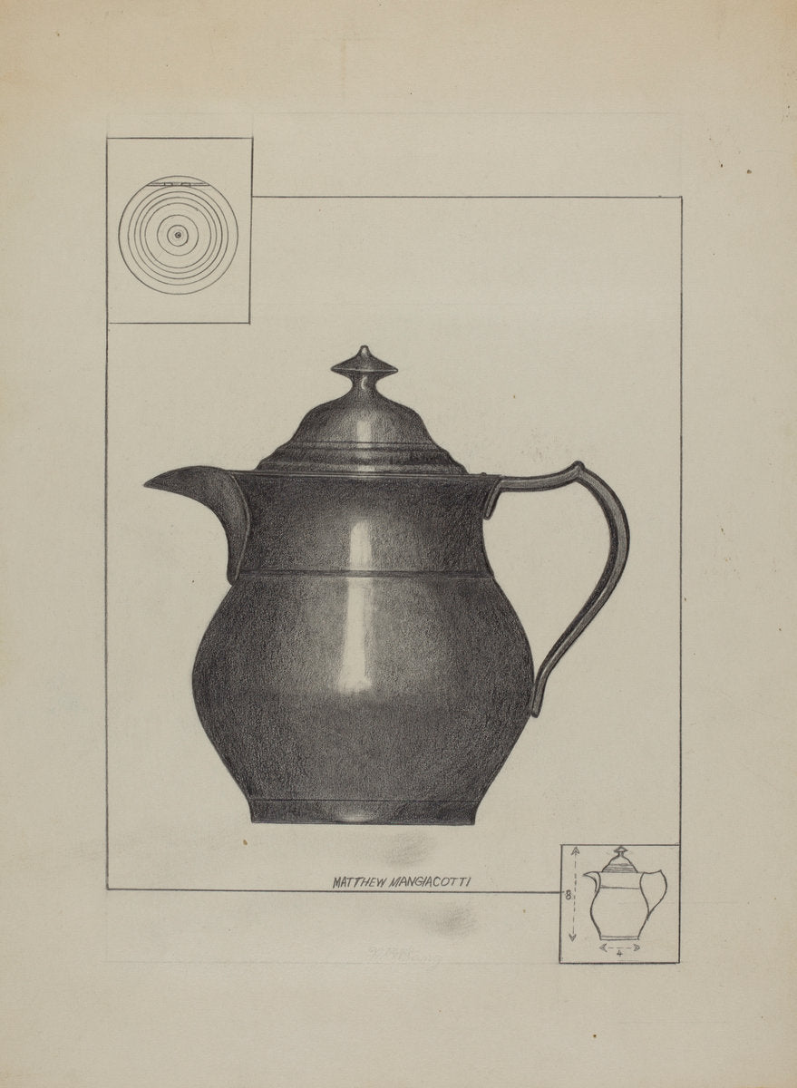 Pewter Water Pitcher by Matthew Mangiacotti (American, active c. 1935), 16X12"(A3)Poster Print