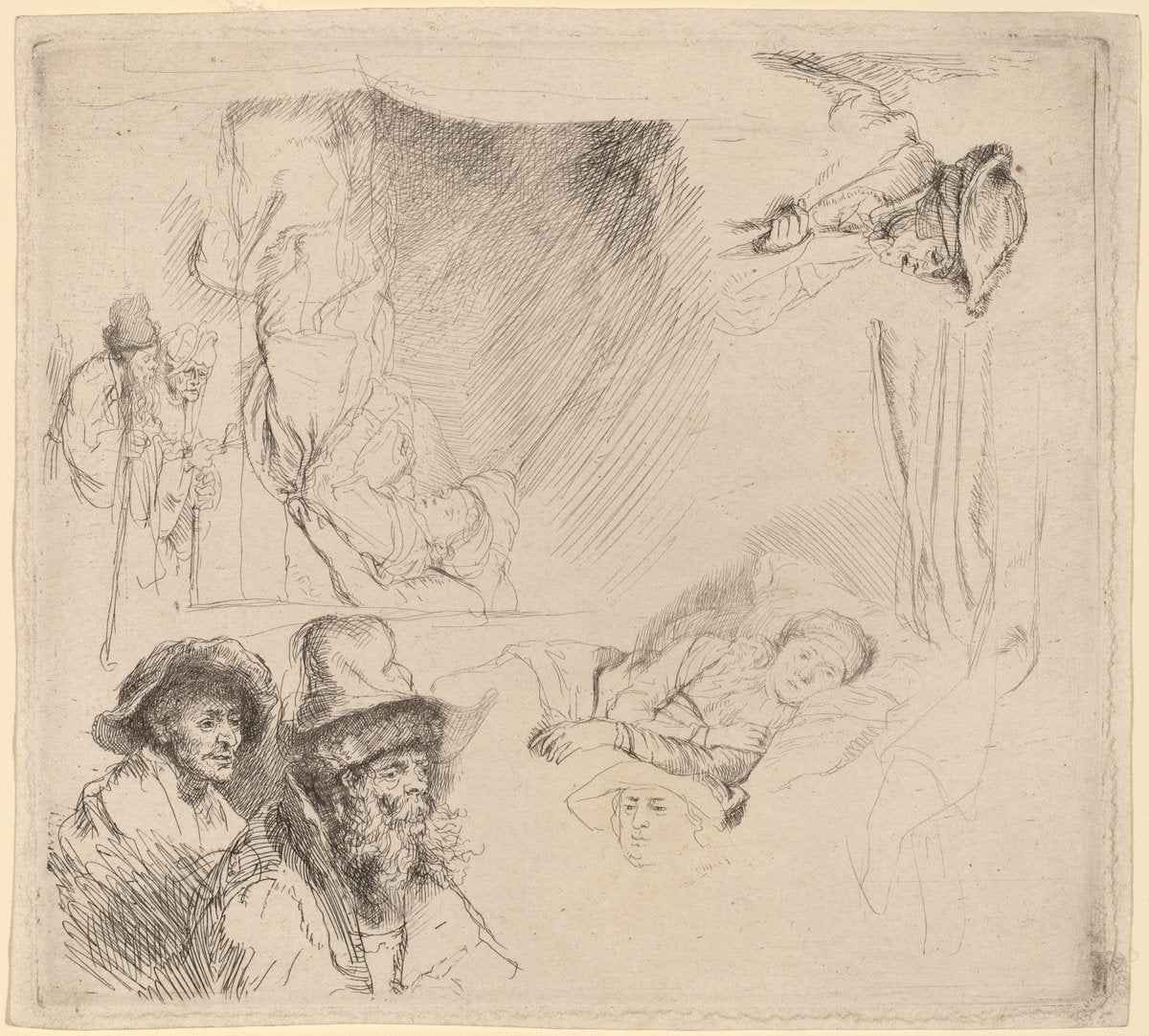 Sheet of Studies including a Woman Lying Ill in Bed by Rembrandt van Rijn (Dutch, 1606 - 1669), 16X12"(A3)Poster Print
