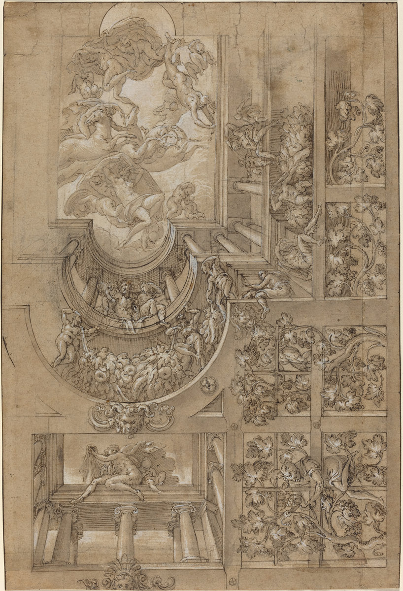 c. 1570/1580 by Italian 16th Century (Illusionistic Ceiling with a Grape Arbor, Figures Poised on Galleries, and a Central Scene of Olympian Gods), 16X12"(A3)Poster Print