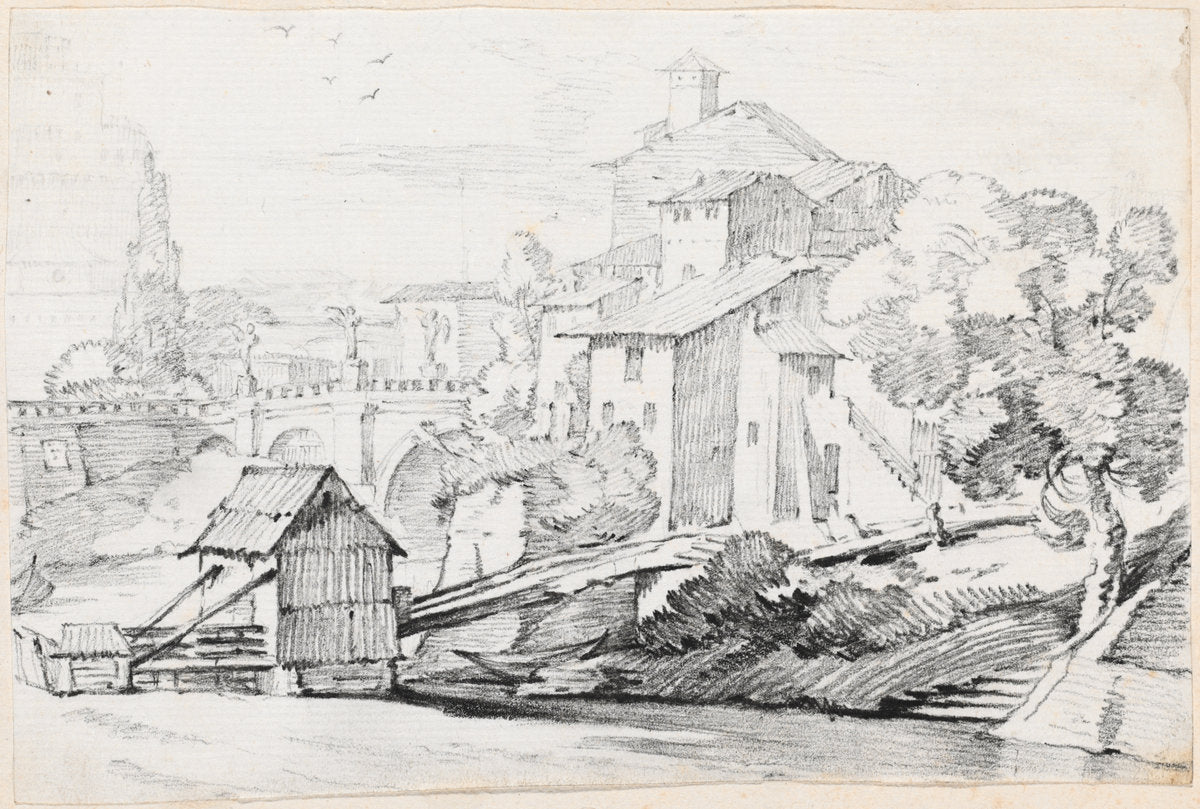 The Ponte Sant'Angelo and Houses on the East Bank of the Tiber by Joseph-Marie Vien (French, 1716 - 1809), 16X12"(A3)Poster Print