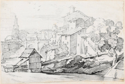 The Ponte Sant'Angelo and Houses on the East Bank of the Tiber by Joseph-Marie Vien (French, 1716 - 1809), 16X12"(A3)Poster Print