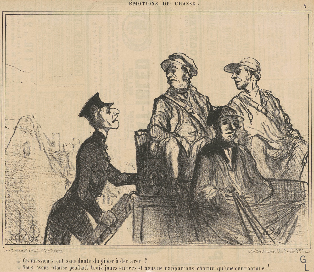 Ce messieurs ont ... du gibier a déclarer? ... by Honoré Daumier (French, 1808 - 1879), 16X12"(A3)Poster Print