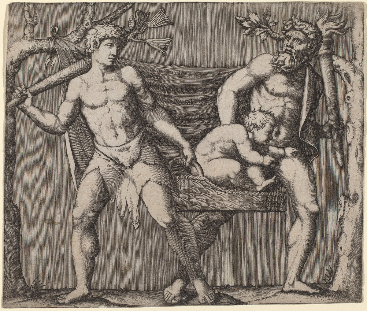 Two Fauns Carrying a Child by Marcantonio Raimondi (Italian, c. 1480 - c. 1534), 16X12"(A3)Poster Print