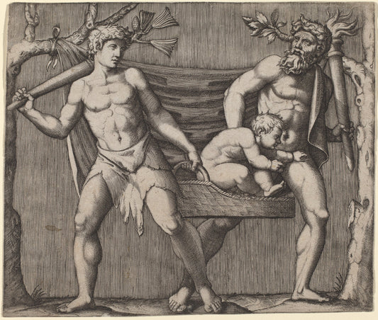 Two Fauns Carrying a Child by Marcantonio Raimondi (Italian, c. 1480 - c. 1534), 16X12"(A3)Poster Print