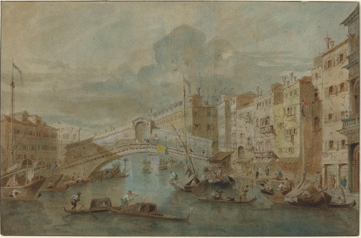 View of the Rialto Bridge, Venice by Attributed to Francesco Guardi (Venetian, 1712 - 1793), 16X12"(A3)Poster Print