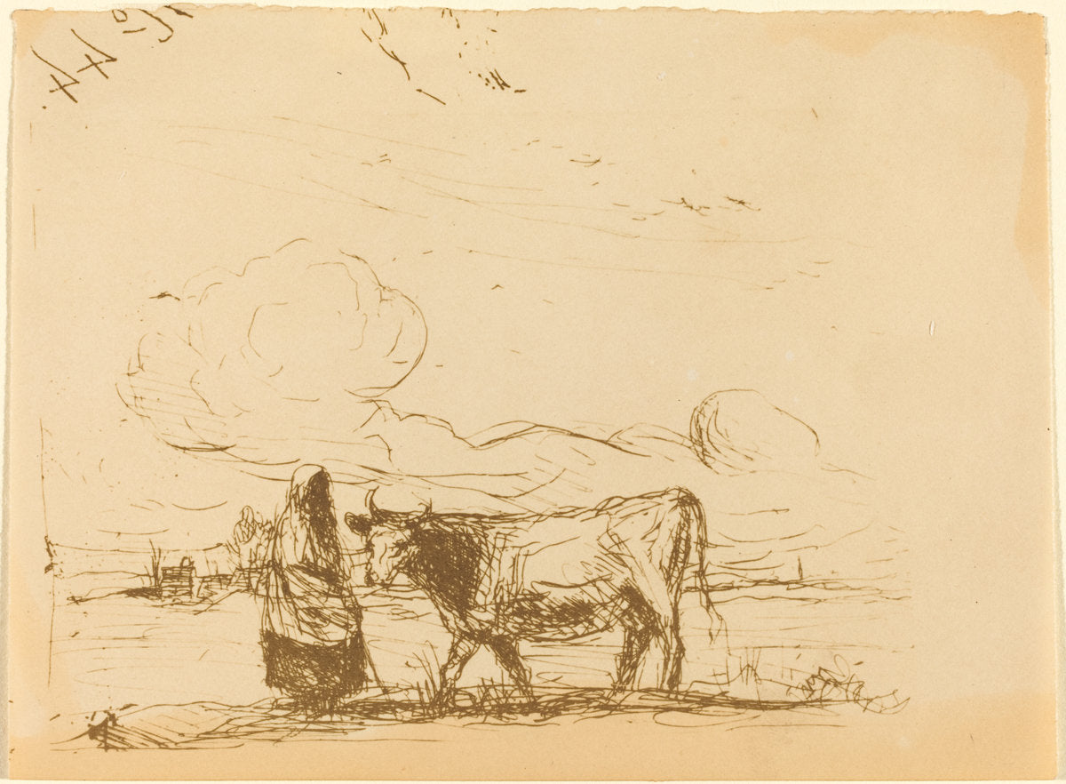 Cow and Its Keeper (La Vache et sa gardienne) by Jean-Baptiste-Camille Corot (French, 1796 - 1875), 16X12"(A3)Poster Print