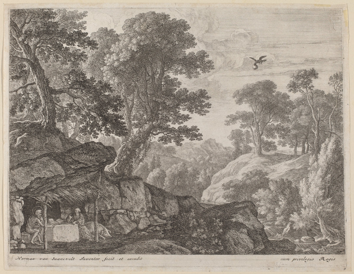 Saint Paul and Saint Anthony Fed by the Raven by Herman van Swanevelt (Dutch, c. 1600 - 1655), 16X12"(A3)Poster Print