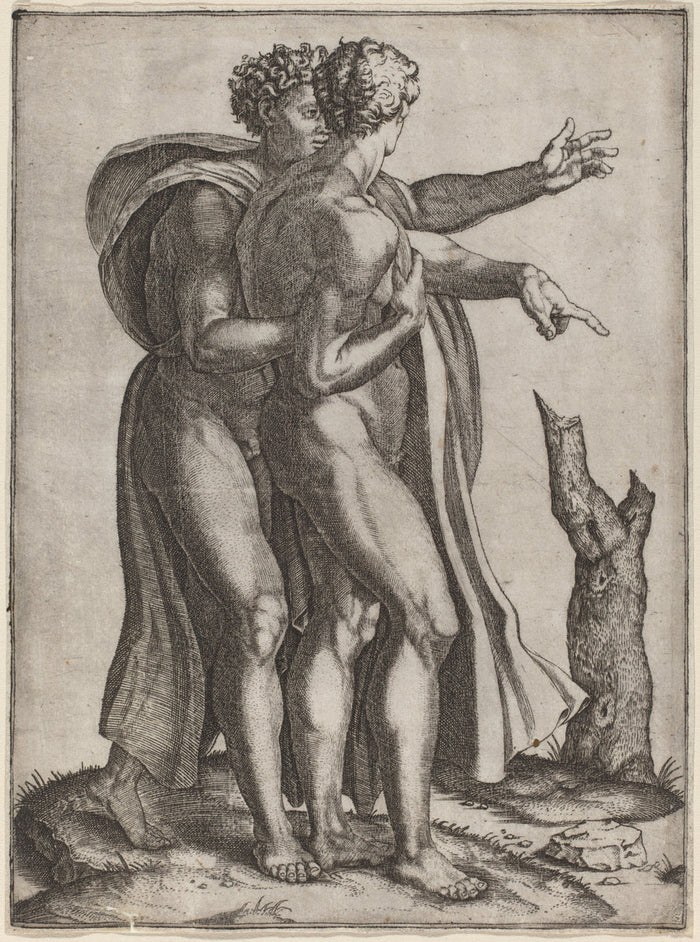 Two Nude Men by Marcantonio Raimondi after Michelangelo (Italian, c. 1480 - c. 1534), 16X12