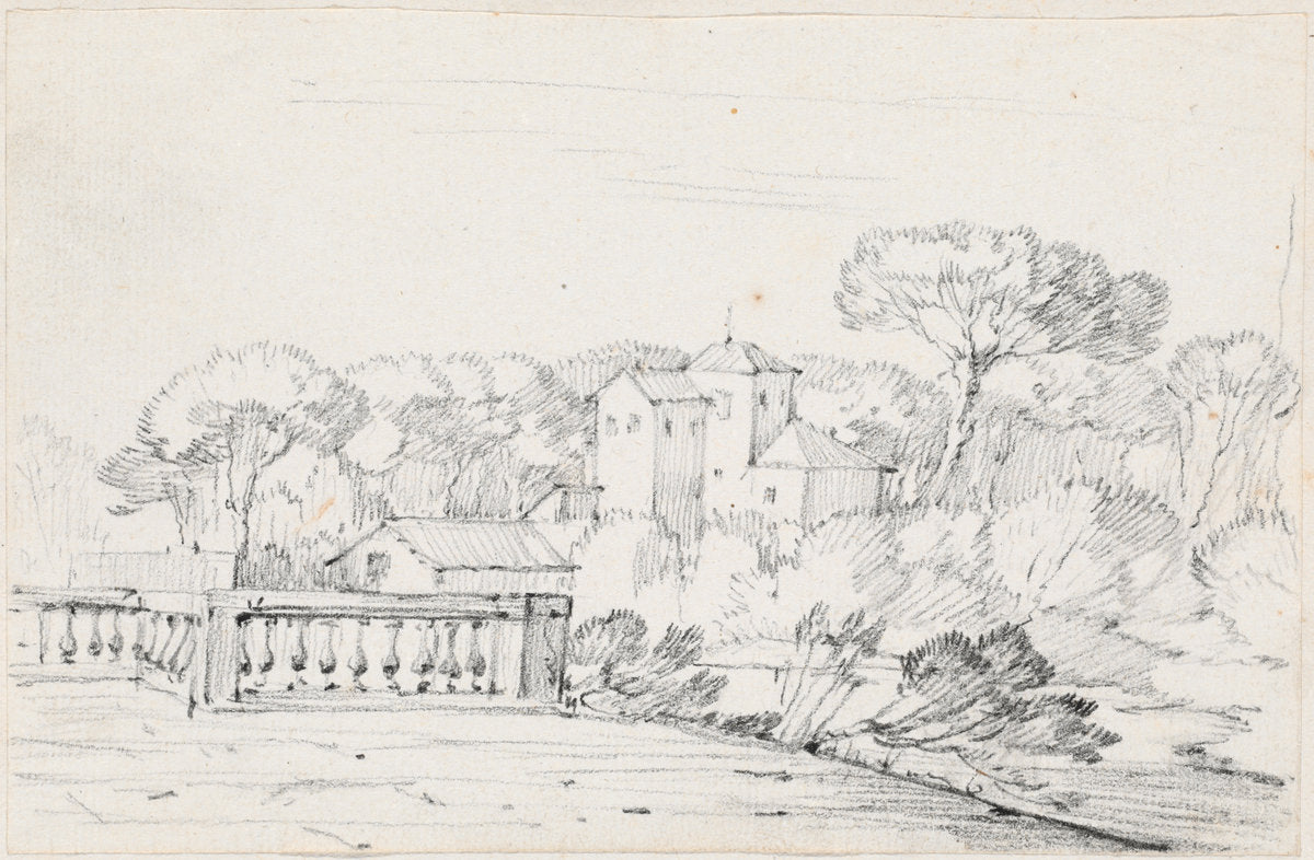 Terrace by a River with a Villa and Trees Beyond by Joseph-Marie Vien (French, 1716 - 1809), 16X12"(A3)Poster Print