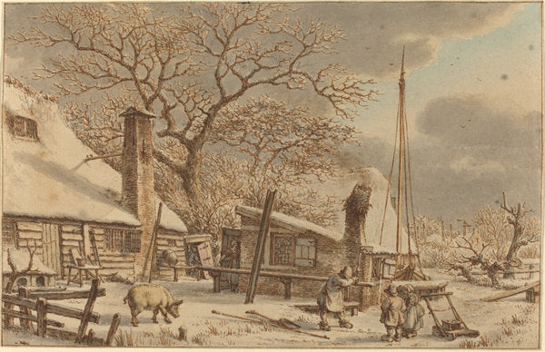 Farmyard in Winter by Jacob Cats (Dutch, 1741 - 1799), 16X12"(A3)Poster Print