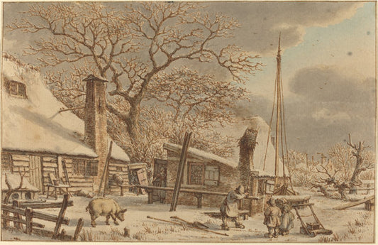 Farmyard in Winter by Jacob Cats (Dutch, 1741 - 1799), 16X12"(A3)Poster Print