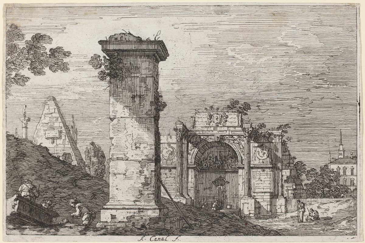 Landscape with Ruined Monuments by Canaletto (Italian, 1697 - 1768), 16X12"(A3)Poster Print