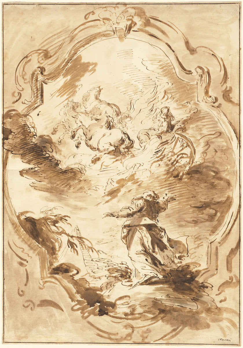 Elisha Watching Elijah Ascend in the Fiery Chariot by Pietro Antonio Novelli (Venetian, 1729 - 1804), 16X12"(A3)Poster Print