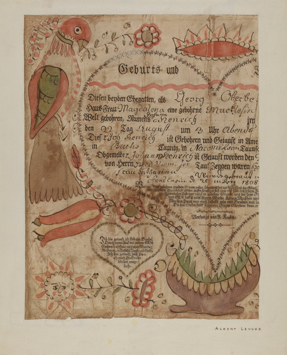Portion of Birth Certificate by Albert Levone (American, active c. 1935), 16X12"(A3)Poster Print