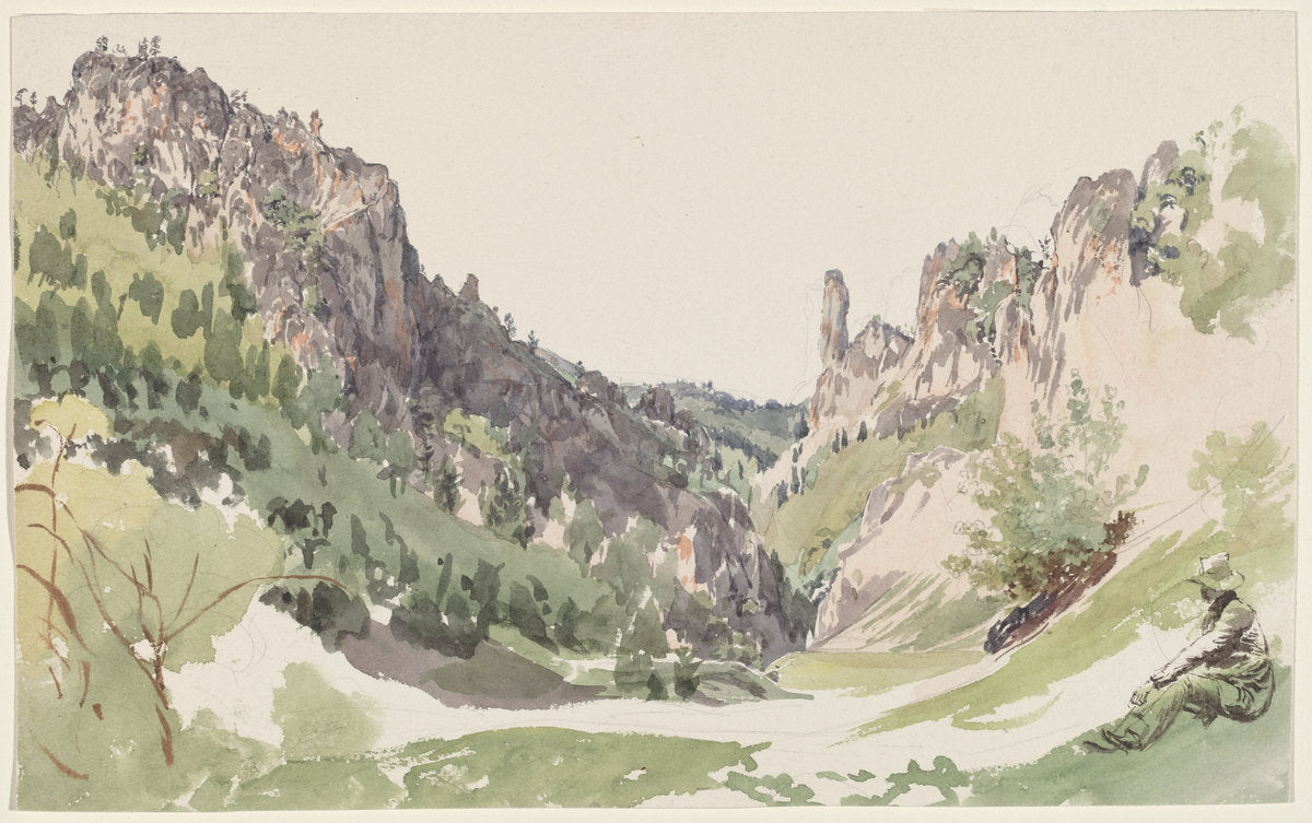 A Seated Man Contemplating a Sunlit Mountain Valley by Jakob Alt (German, 1789 - 1872), 16X12"(A3)Poster Print