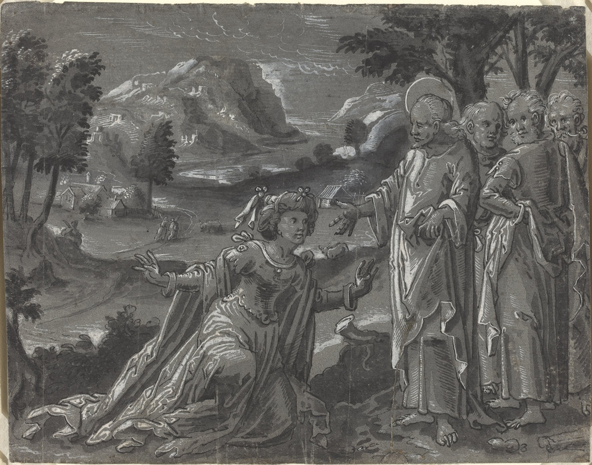 c. 1600 by German 16th Century (Christ and the Adulteress [recto]), 16X12"(A3)Poster Print