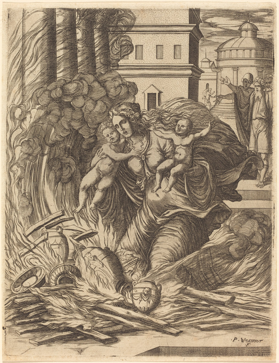 The Wife of Hasdrubal Throws Herself on the Fire by Pierre Woeiriot (French, 1532 - 1599), 16X12"(A3)Poster Print