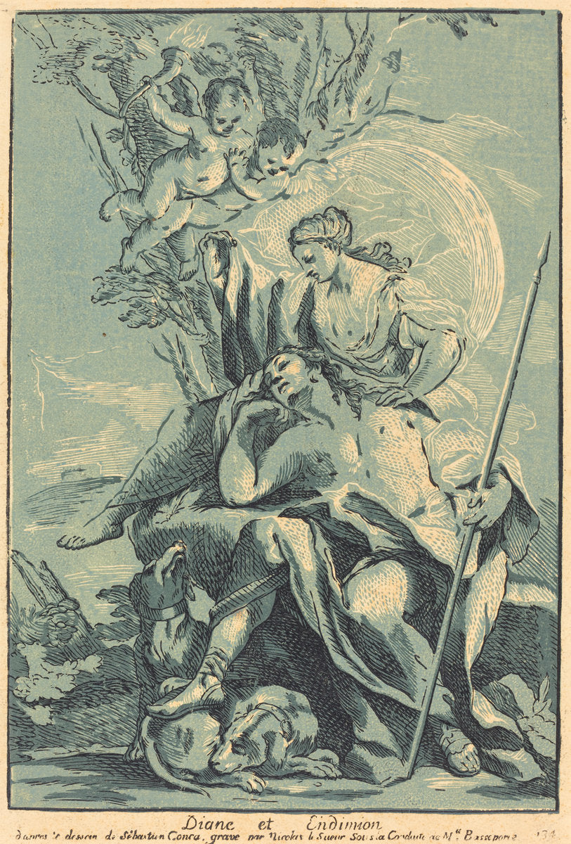 Diana and Endymion by Nicolas Le Sueur after Sebastiano Conca (French, 1690 - 1764), 16X12"(A3)Poster Print