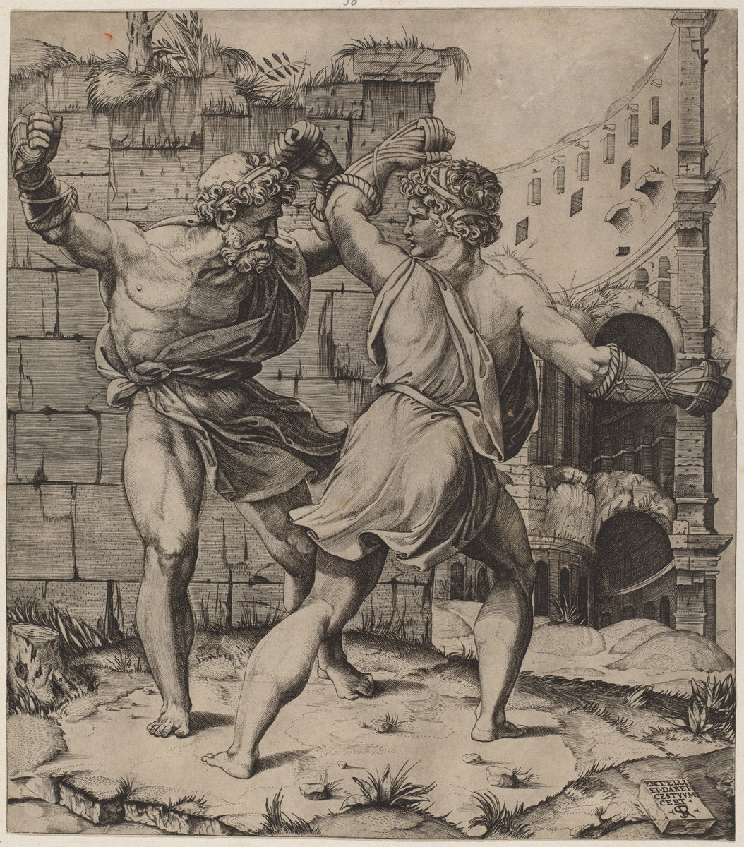Entellus and Dares by Marco Dente (Italian, c. 1493 - 1527), 16X12"(A3)Poster Print