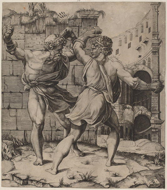 Entellus and Dares by Marco Dente (Italian, c. 1493 - 1527), 16X12"(A3)Poster Print