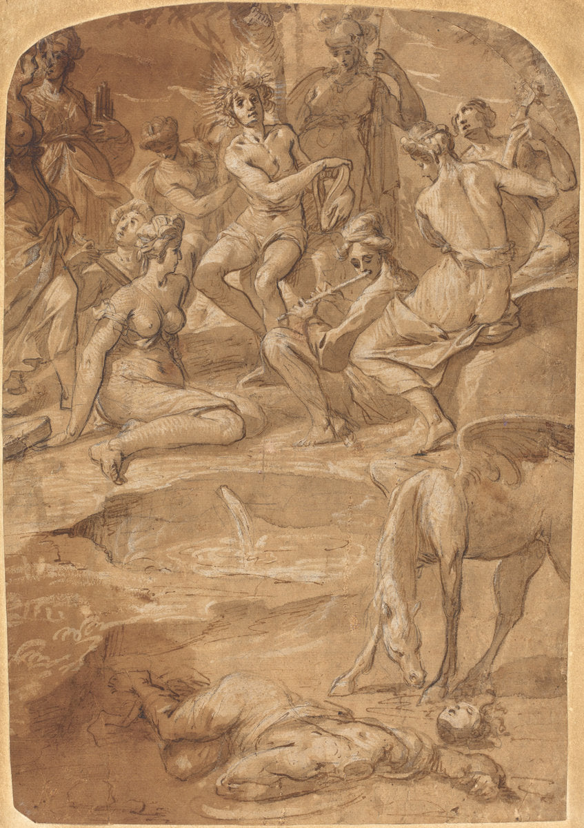 Apollo and the Muses on Mount Parnassus by Johann Christoph Storer (German, c. 1591 - 1671), 16X12"(A3)Poster Print