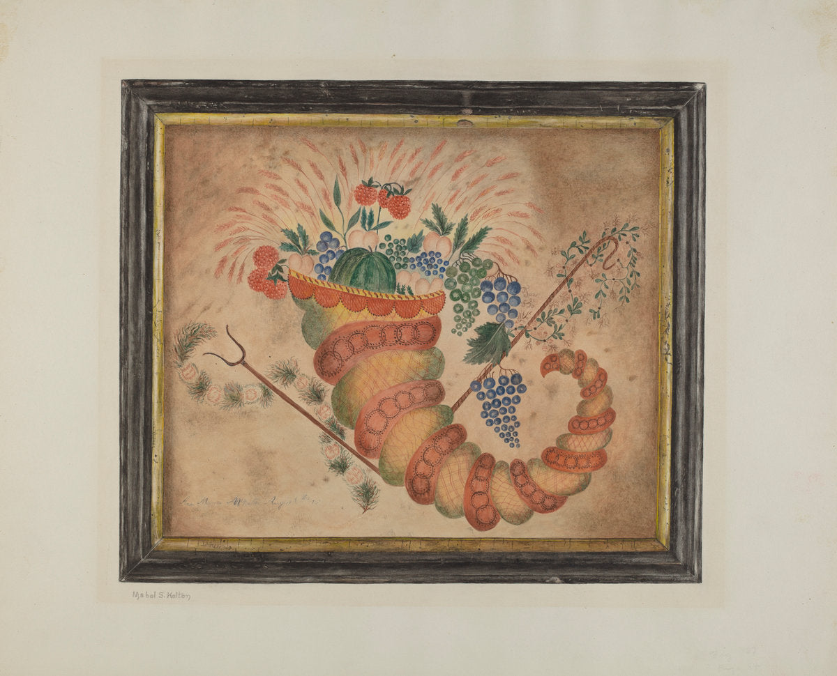 Watercolor: Cornucopia of Fruit by Mabel S. Kelton (American, active c. 1935), 16X12"(A3)Poster Print