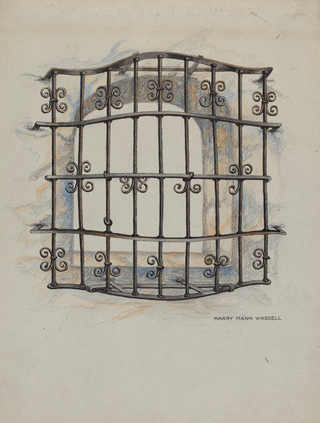 Iron Grille at Window: Restoration Drawing by Harry Mann Waddell (American, active c. 1935), 16X12"(A3)Poster Print