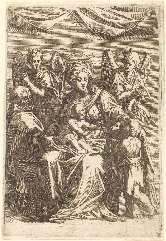 The Holy Family with Two Angels by Jacques Callot (French, 1592 - 1635), 16X12"(A3)Poster Print