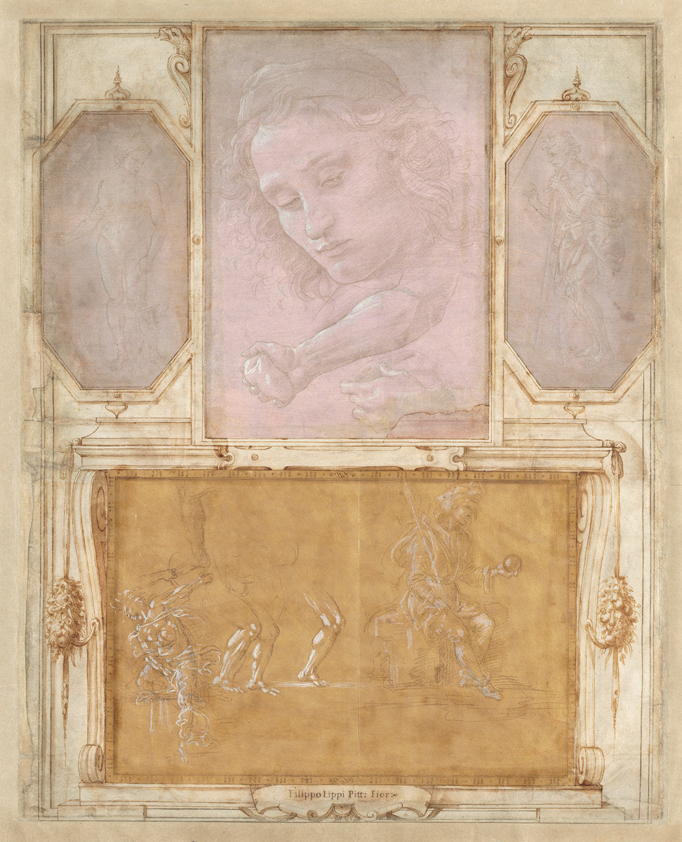 Page from "Libro de' Disegni" by Giorgio Vasari with drawings by Filippino Lippi, Botticelli, and Raffaellino del Garbo (Florentine, 1466 - 1524), 16X12"(A3)Poster Print