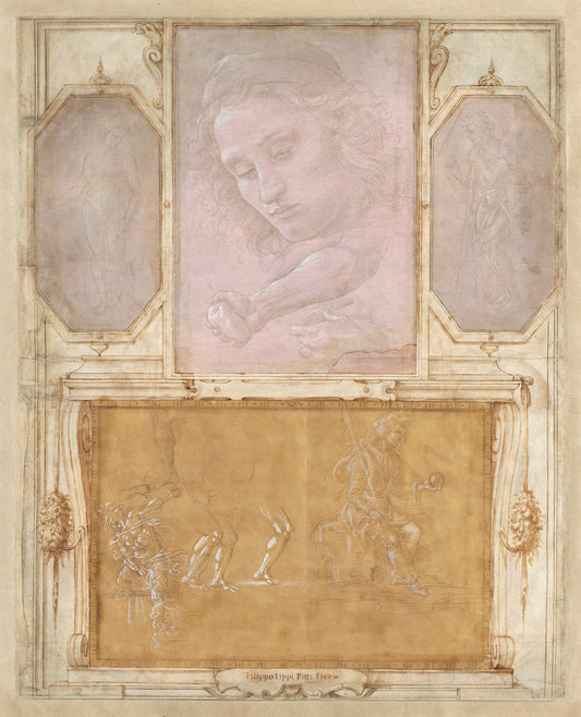 Page from "Libro de' Disegni" by Giorgio Vasari with drawings by Filippino Lippi, Botticelli, and Raffaellino del Garbo (Florentine, 1466 - 1524), 16X12"(A3)Poster Print