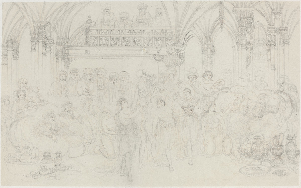 Interior: Dancing Girls Entertaining Chieftains by Rodolphe Bresdin (French, 1822 - 1885), 16X12"(A3)Poster Print