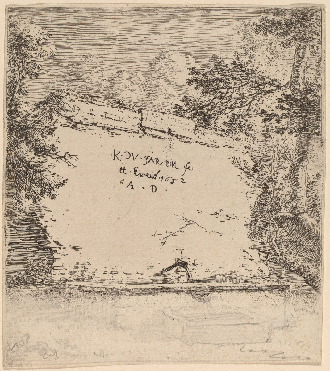 Title Page with Fountain by Karel Dujardin (Dutch, c. 1622 - 1678), 16X12"(A3)Poster Print