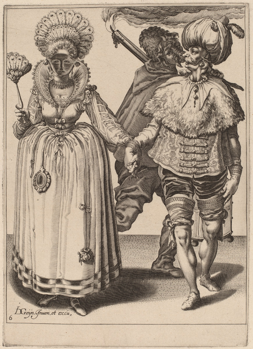A Man with a Turban Leading a Woman Wearing Peacock Feathers by Attributed to Zacharias Dolendo after Jacques de Gheyn II (Dutch, active 1581/1598), 16X12"(A3)Poster Print
