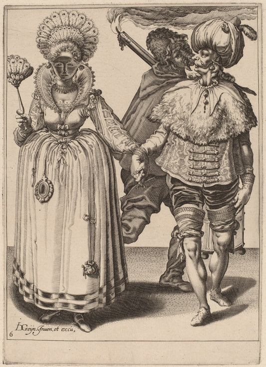 A Man with a Turban Leading a Woman Wearing Peacock Feathers by Attributed to Zacharias Dolendo after Jacques de Gheyn II (Dutch, active 1581/1598), 16X12"(A3)Poster Print