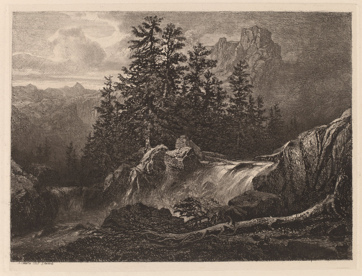 Mountain Waterfall by Alexandre Calame (Swiss, 1810 - 1864), 16X12"(A3)Poster Print