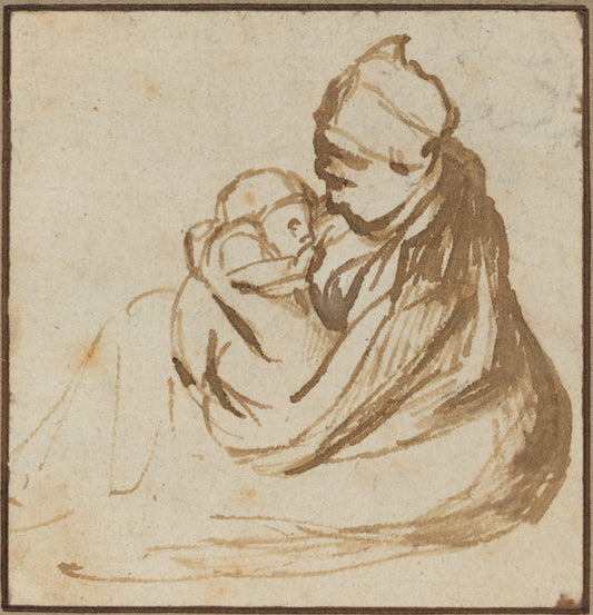 reed pen and brown ink by after Rembrandt van Rijn (Mother and Child), 16X12"(A3)Poster Print
