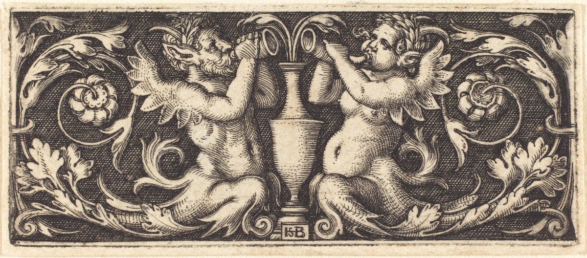 Ornament with Two Tritons Blowing Horns by Sebald Beham (German, 1500 - 1550), 16X12"(A3)Poster Print