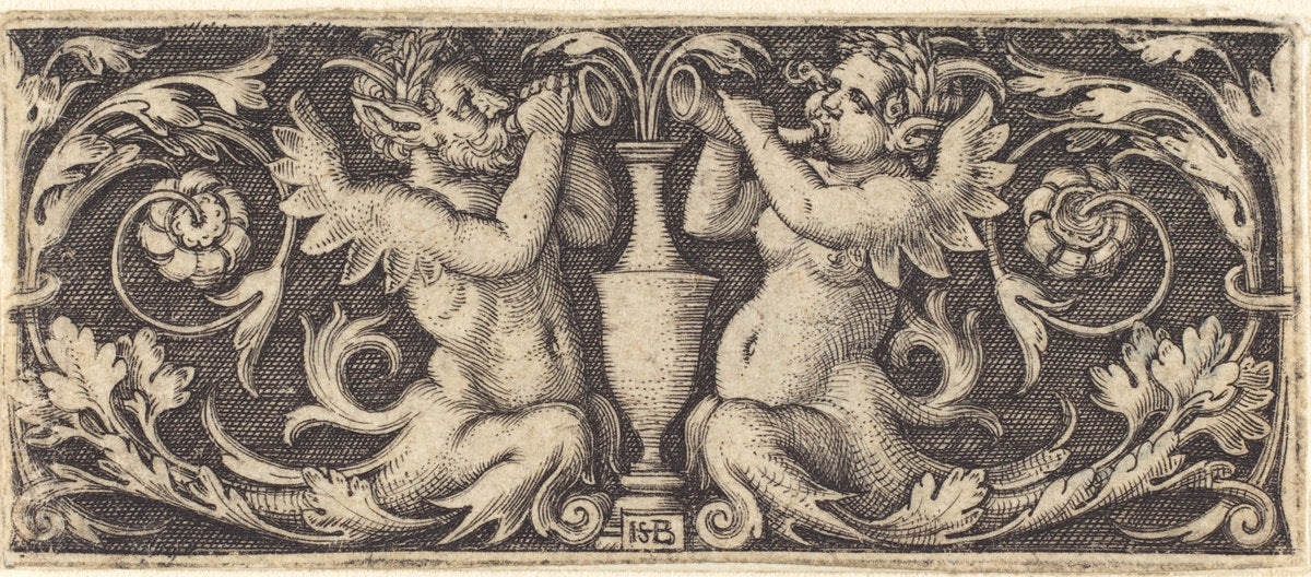 Ornament with Tritons Blowing Horns by Sebald Beham (German, 1500 - 1550), 16X12"(A3)Poster Print