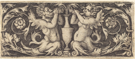 Ornament with Tritons Blowing Horns by Sebald Beham (German, 1500 - 1550), 16X12"(A3)Poster Print