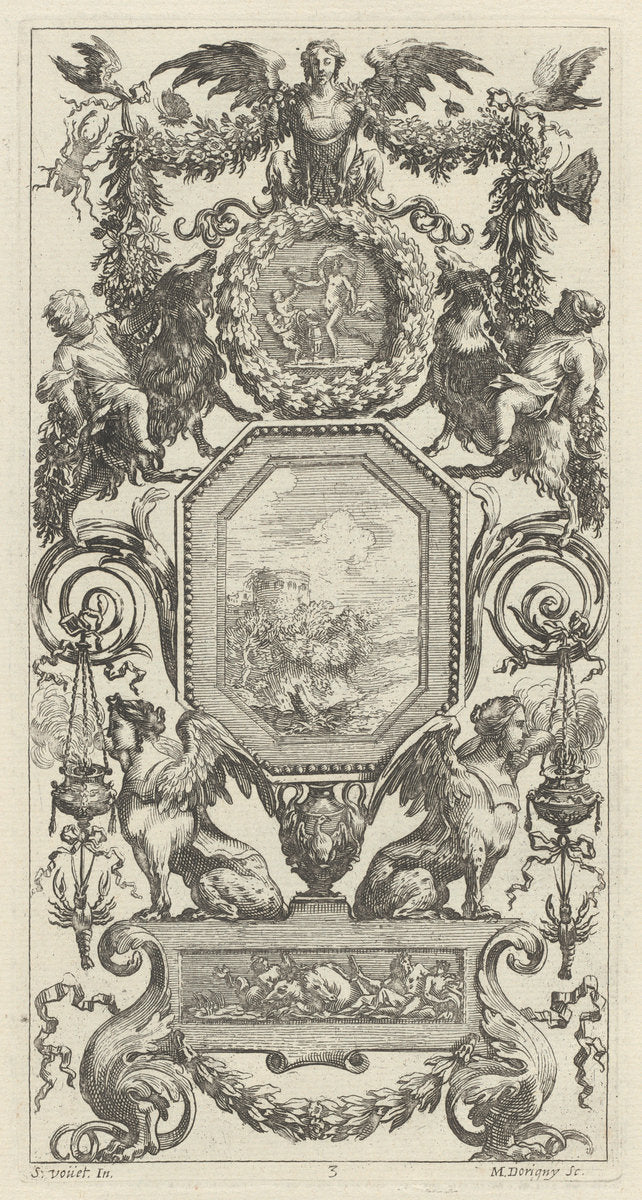 Ornamental Panel Surmounted by a Winged Harpy by Michel Dorigny, after Simon Vouet (French, 1617 - 1665), 16X12"(A3)Poster Print