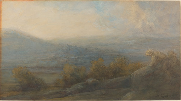 Mountain Landscape with two Figures at the Right by Alphonse Legros (French, 1837 - 1911), 16X12"(A3)Poster Print