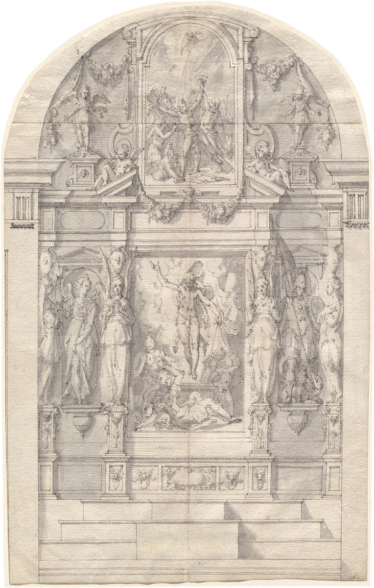 An Elaborate Altar with the Resurrection of Christ and the Martyrdom of Saint Andrew by Friedrich Sustris (German, c. 1540 - 1599), 16X12"(A3)Poster Print